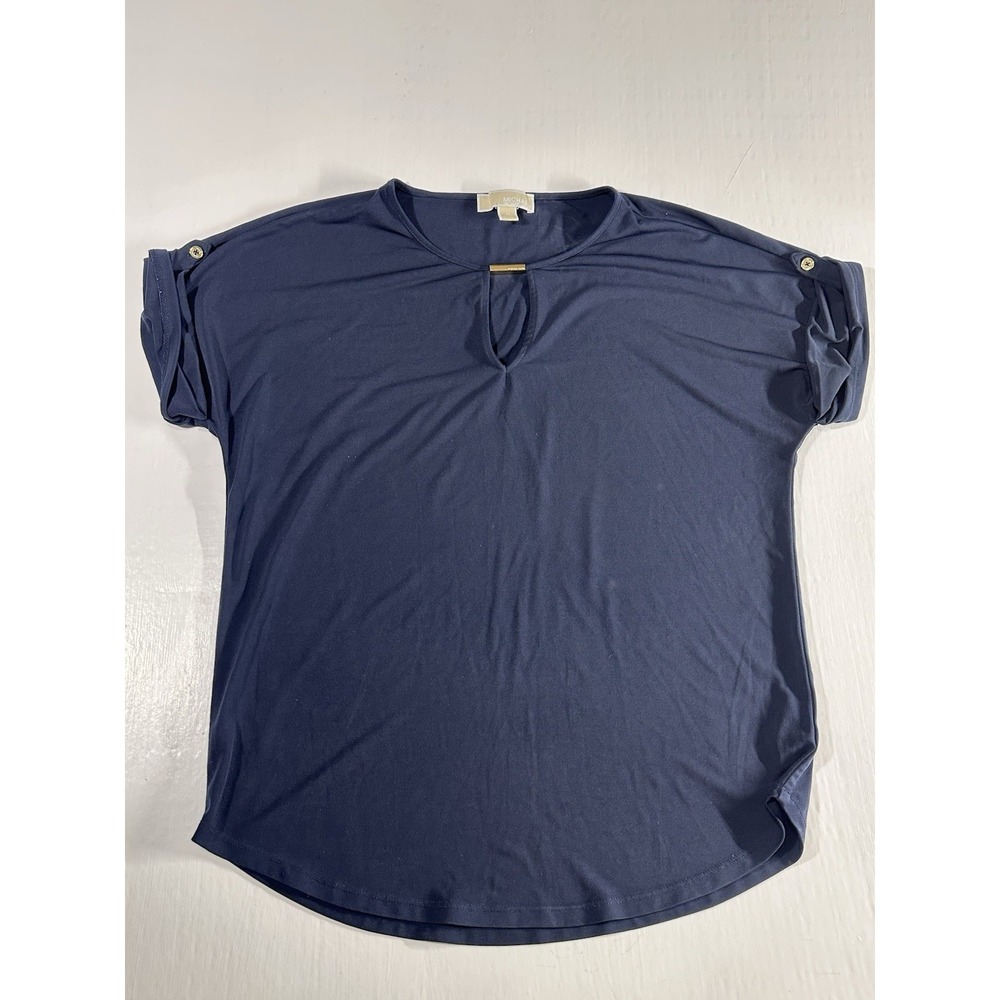 Michael Kors Navy Blue Gold Casual Dress Short Sleeve Shirt Womens Size Large MD